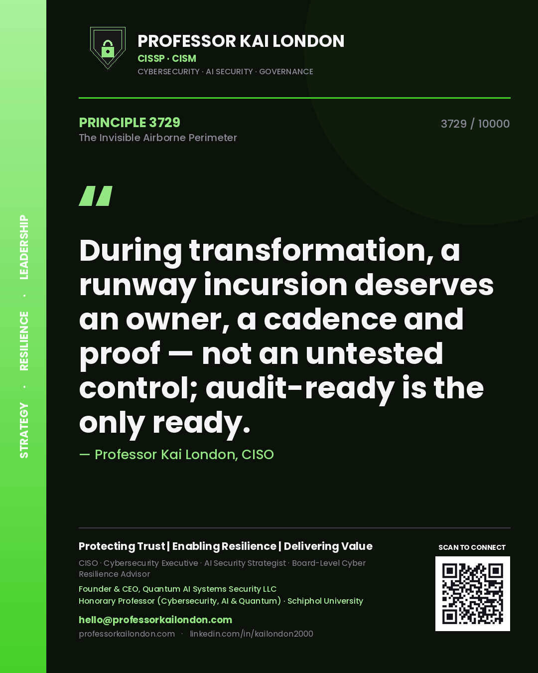 Quote card by Professor Kai London reading 'During transformation, a runway incursion deserves an owner, a cadence and proof — not an untested control; audit-ready is the only ready.'. From the book The Invisible Airborne Perimeter.