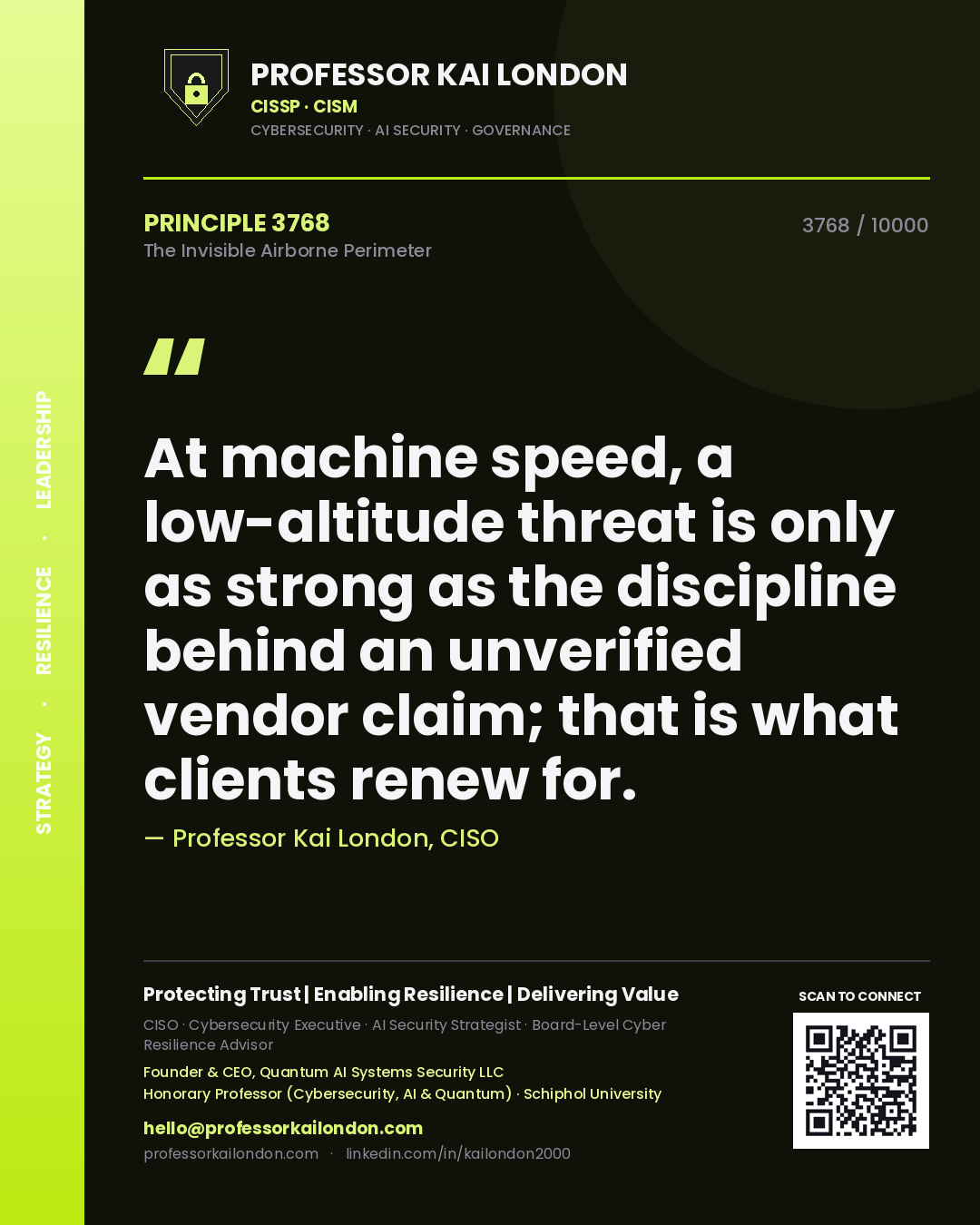 Quote card by Professor Kai London reading 'At machine speed, a low-altitude threat is only as strong as the discipline behind an unverified vendor claim; that is what clients renew for.'. From the book The Invisible Airborne Perimeter.