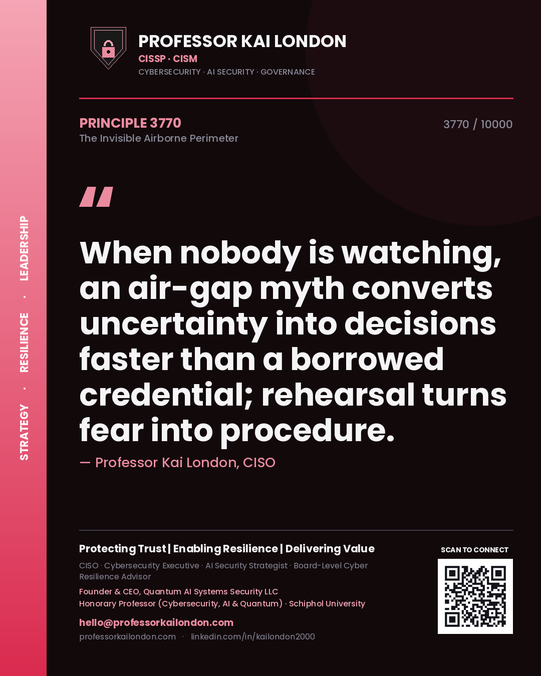 Professor Kai London principle 3770: When nobody is watching, an air-gap myth converts uncertainty into decisions faster than a borrowed credential; rehearsal turns fear into procedure.