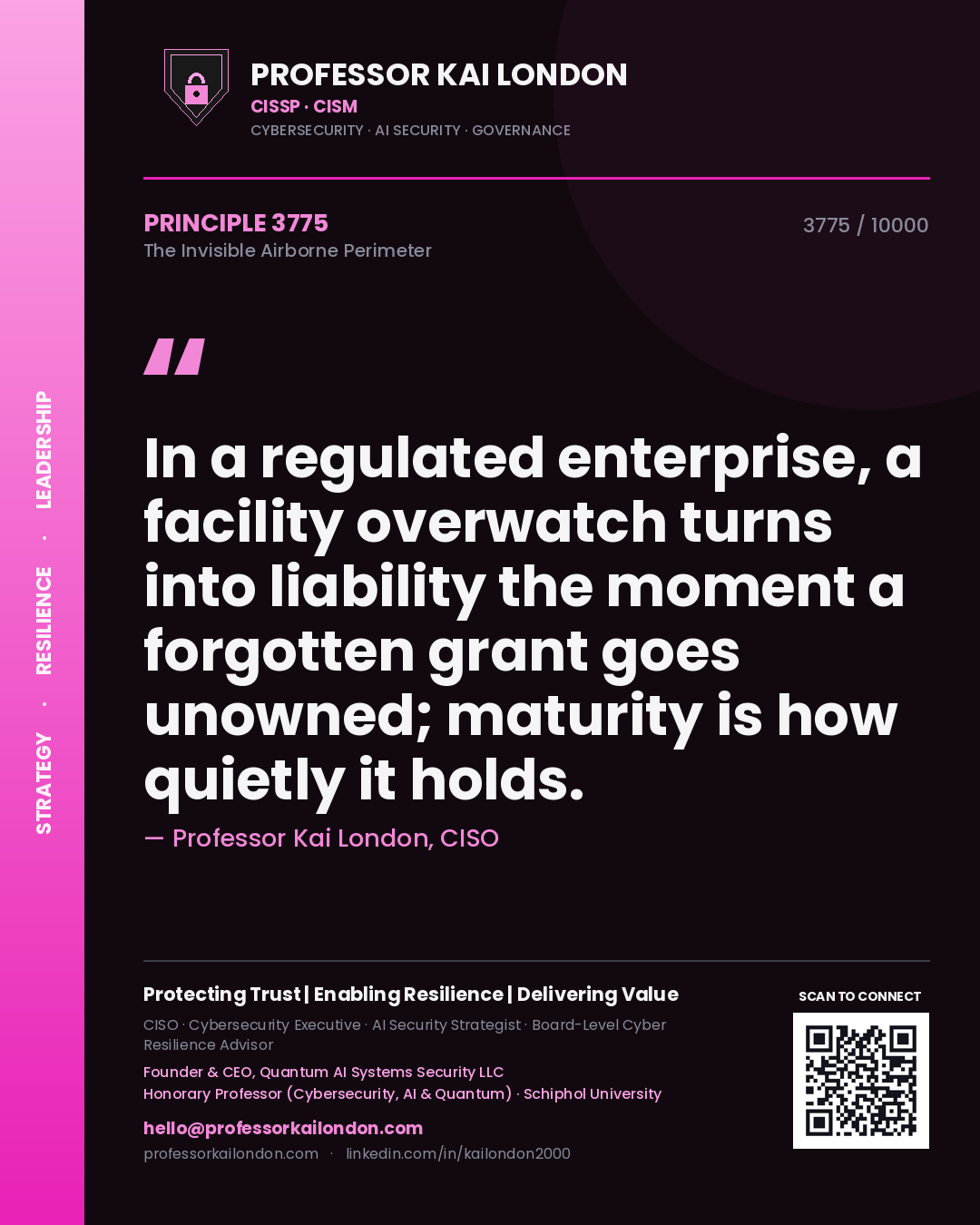 Professor Kai London principle 3775: In a regulated enterprise, a facility overwatch turns into liability the moment a forgotten grant goes unowned; maturity is how quietly it holds.