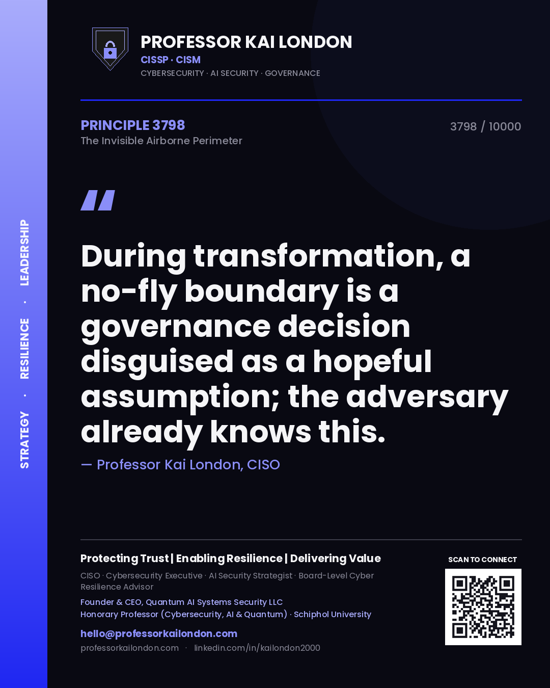 Quote card by Professor Kai London reading 'During transformation, a no-fly boundary is a governance decision disguised as a hopeful assumption; the adversary already knows this.'. From the book The Invisible Airborne Perimeter.