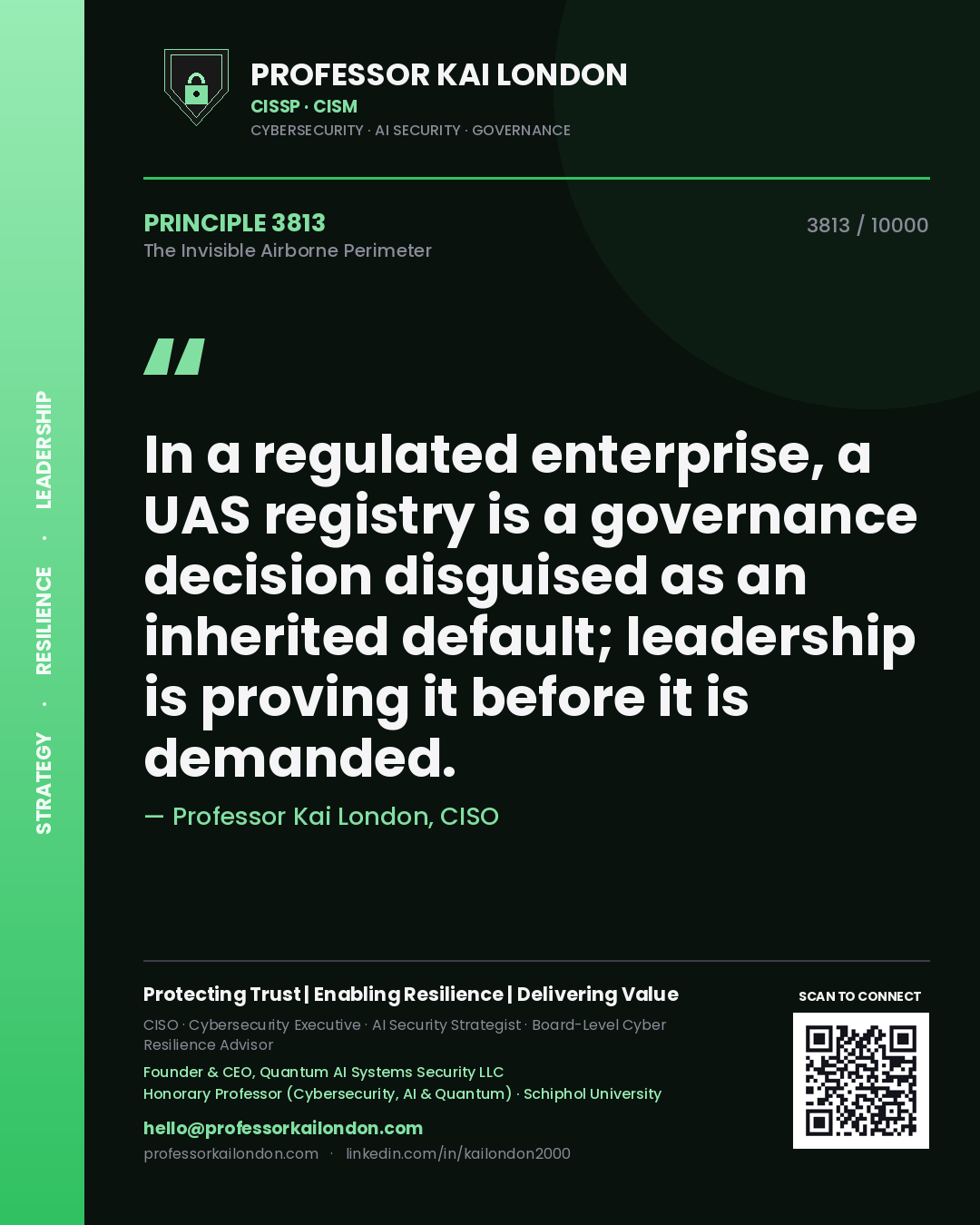 Quote card by Professor Kai London reading 'In a regulated enterprise, a UAS registry is a governance decision disguised as an inherited default; leadership is proving it before it is demanded.'. From the book The Invisible Airborne Perimeter.