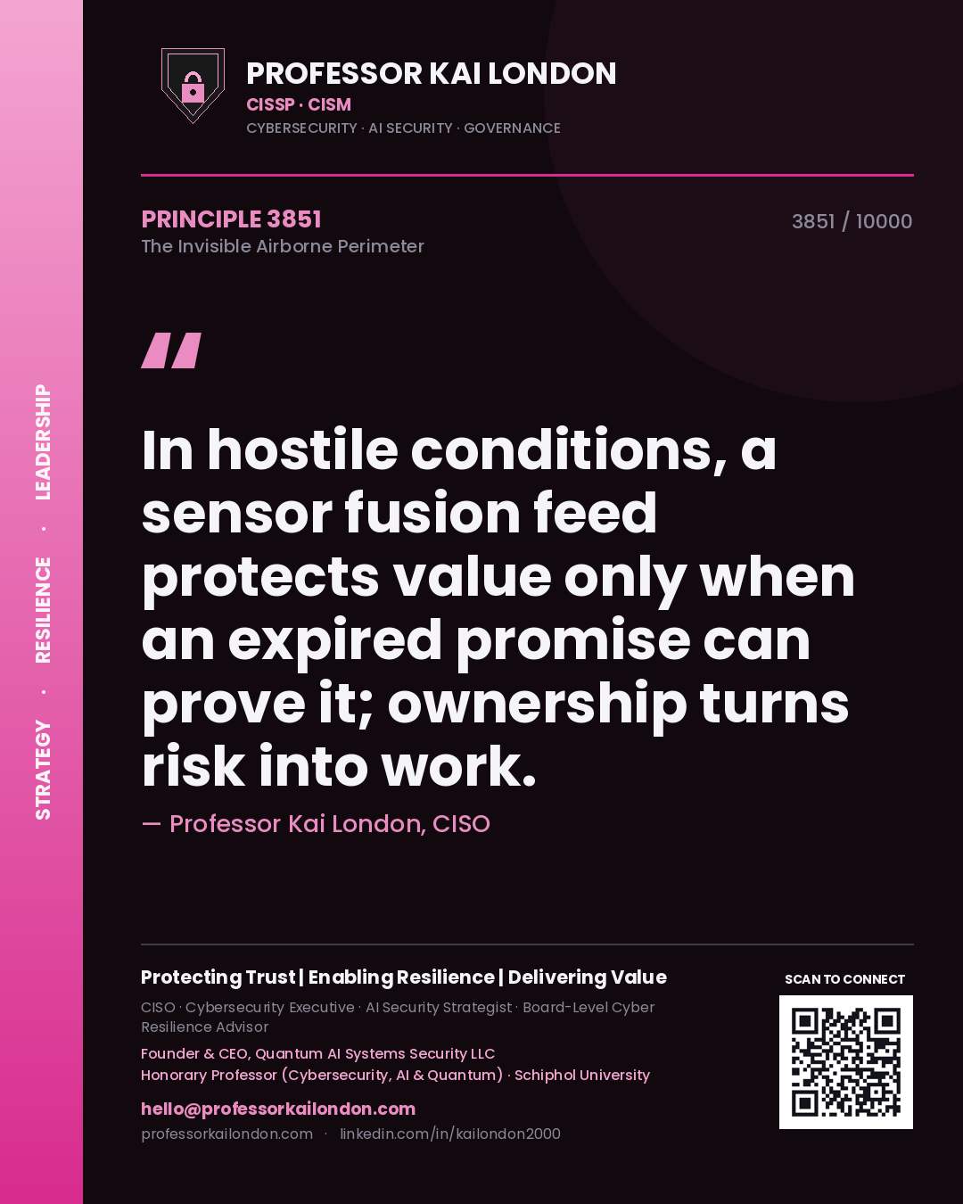 Quote card by Professor Kai London reading 'In hostile conditions, a sensor fusion feed protects value only when an expired promise can prove it; ownership turns risk into work.'. From the book The Invisible Airborne Perimeter.