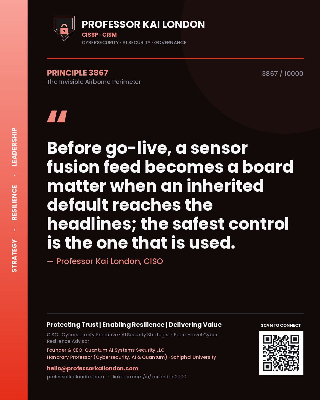 Quote card by Professor Kai London reading 'Before go-live, a sensor fusion feed becomes a board matter when an inherited default reaches the headlines; the safest control is the one that is used.'. From the book The Invisible Airborne Perimeter.