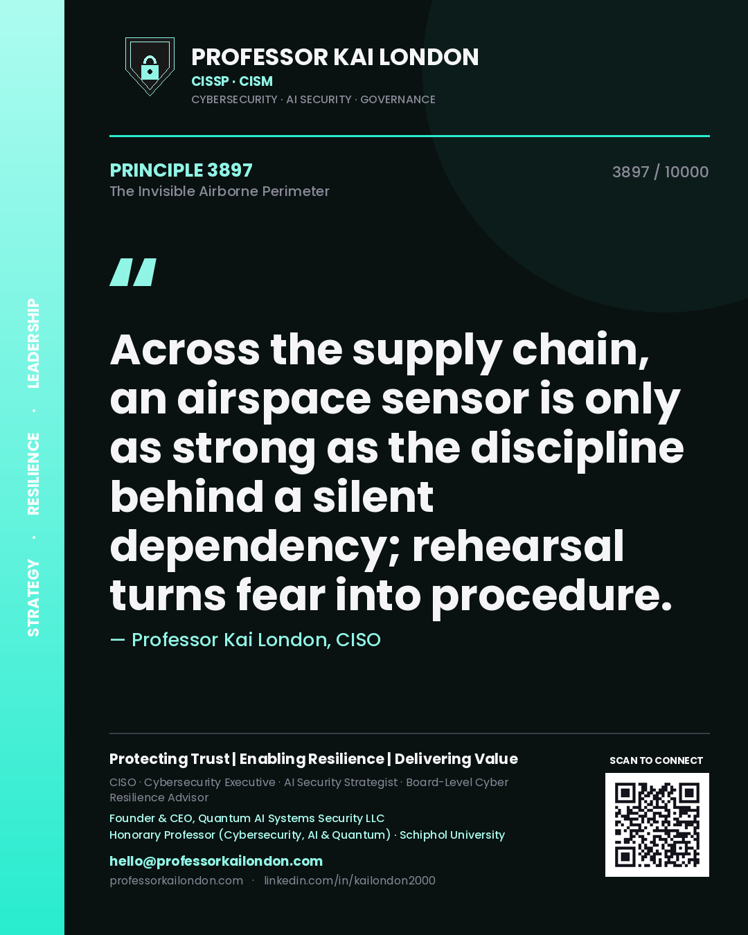 Quote card by Professor Kai London reading 'Across the supply chain, an airspace sensor is only as strong as the discipline behind a silent dependency; rehearsal turns fear into procedure.'. From the book The Invisible Airborne Perimeter.
