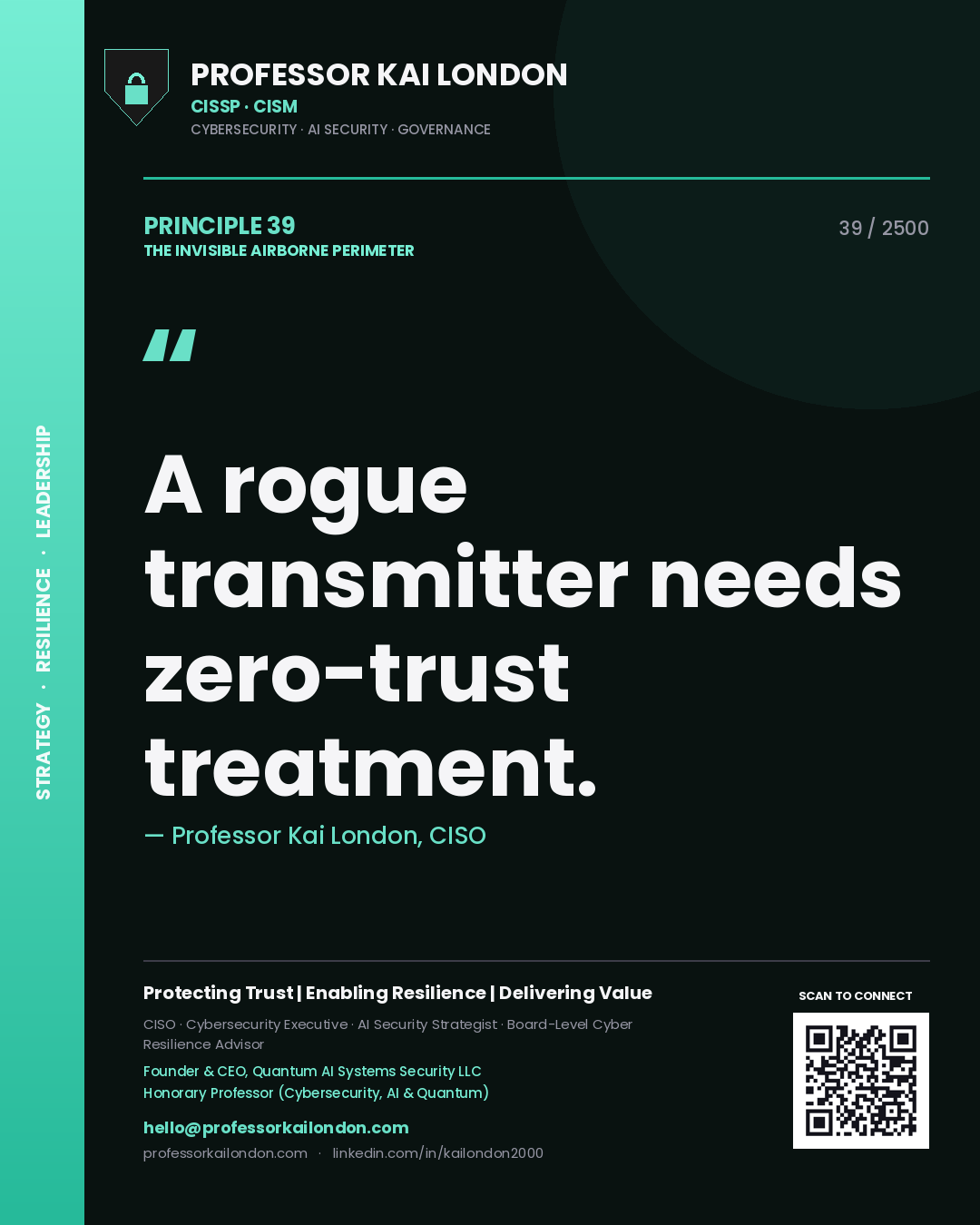 Quote card by Professor Kai London reading 'A rogue transmitter needs zero-trust treatment.'. From the book The Invisible Airborne Perimeter.