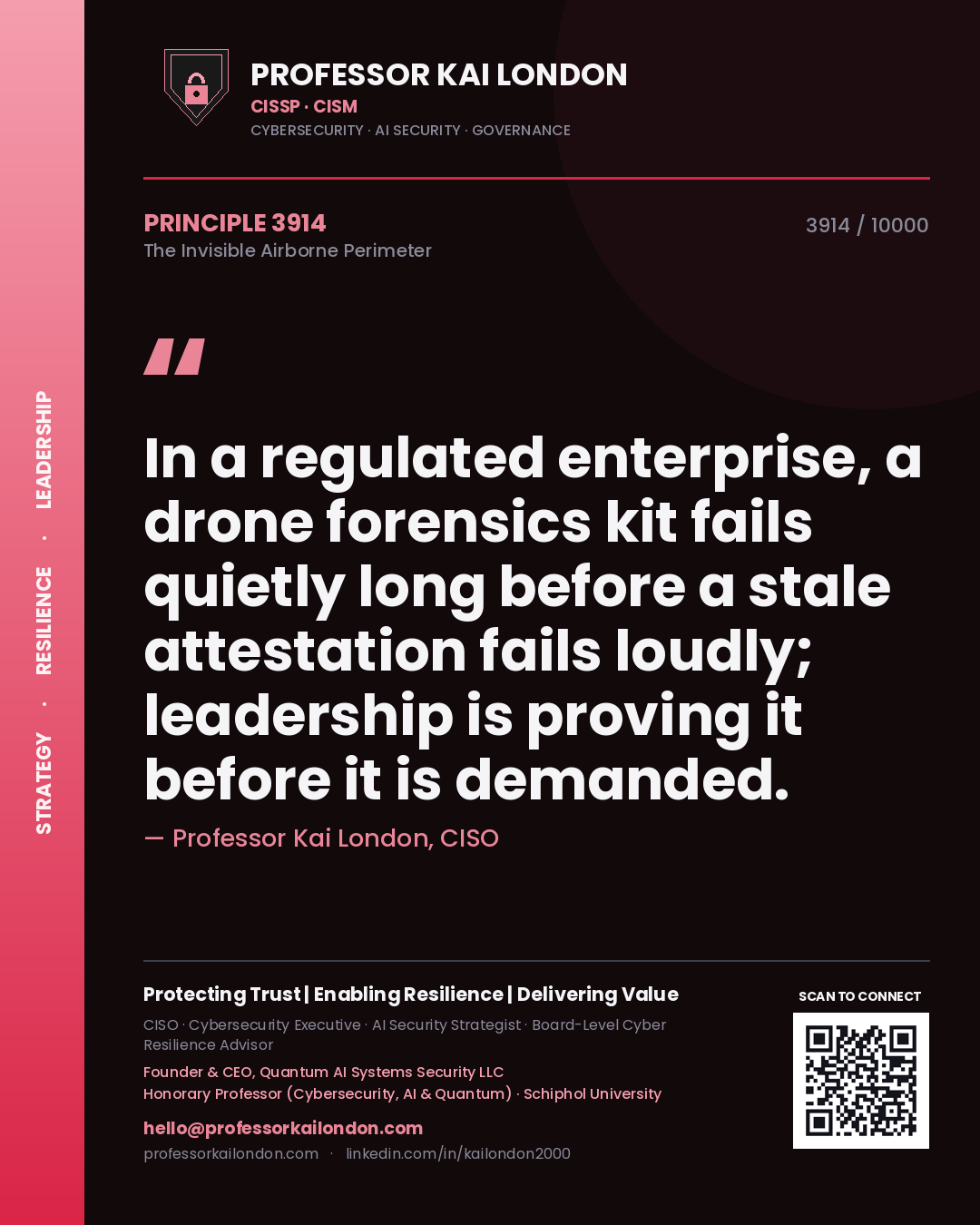 Quote card by Professor Kai London reading 'In a regulated enterprise, a drone forensics kit fails quietly long before a stale attestation fails loudly; leadership is proving it before it is demanded.'. From the book The Invisible Airborne Perimeter.