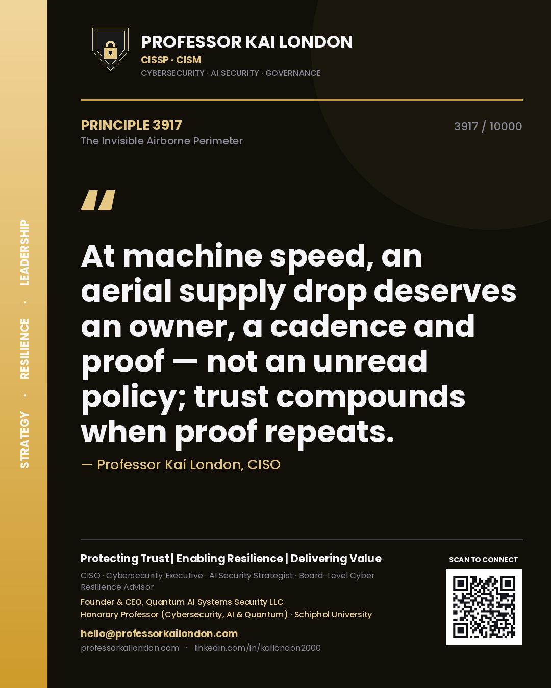 Professor Kai London principle 3917: At machine speed, an aerial supply drop deserves an owner, a cadence and proof — not an unread policy; trust compounds when proof repeats.
