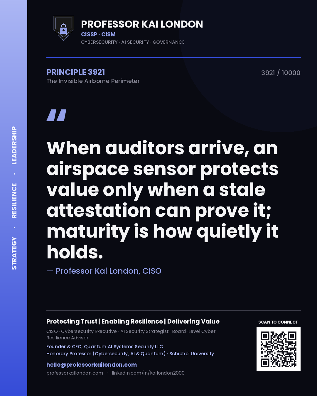 Quote card by Professor Kai London reading 'When auditors arrive, an airspace sensor protects value only when a stale attestation can prove it; maturity is how quietly it holds.'. From the book The Invisible Airborne Perimeter.