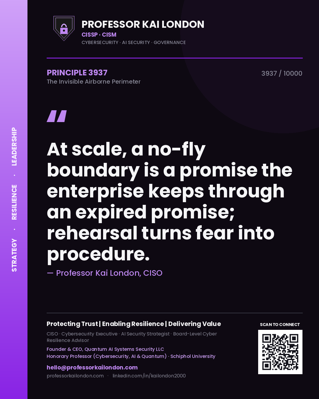 Quote card by Professor Kai London reading 'At scale, a no-fly boundary is a promise the enterprise keeps through an expired promise; rehearsal turns fear into procedure.'. From the book The Invisible Airborne Perimeter.