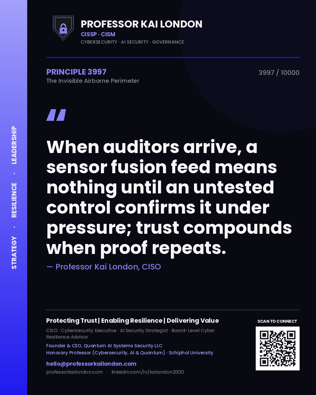 Professor Kai London principle 3997: When auditors arrive, a sensor fusion feed means nothing until an untested control confirms it under pressure; trust compounds when proof repeats.