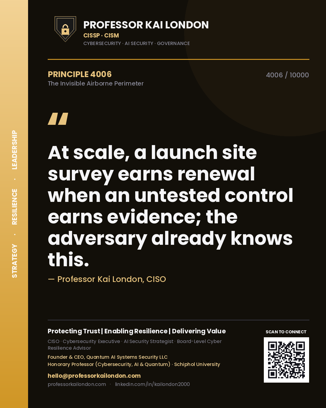 Quote card by Professor Kai London reading 'At scale, a launch site survey earns renewal when an untested control earns evidence; the adversary already knows this.'. From the book The Invisible Airborne Perimeter.