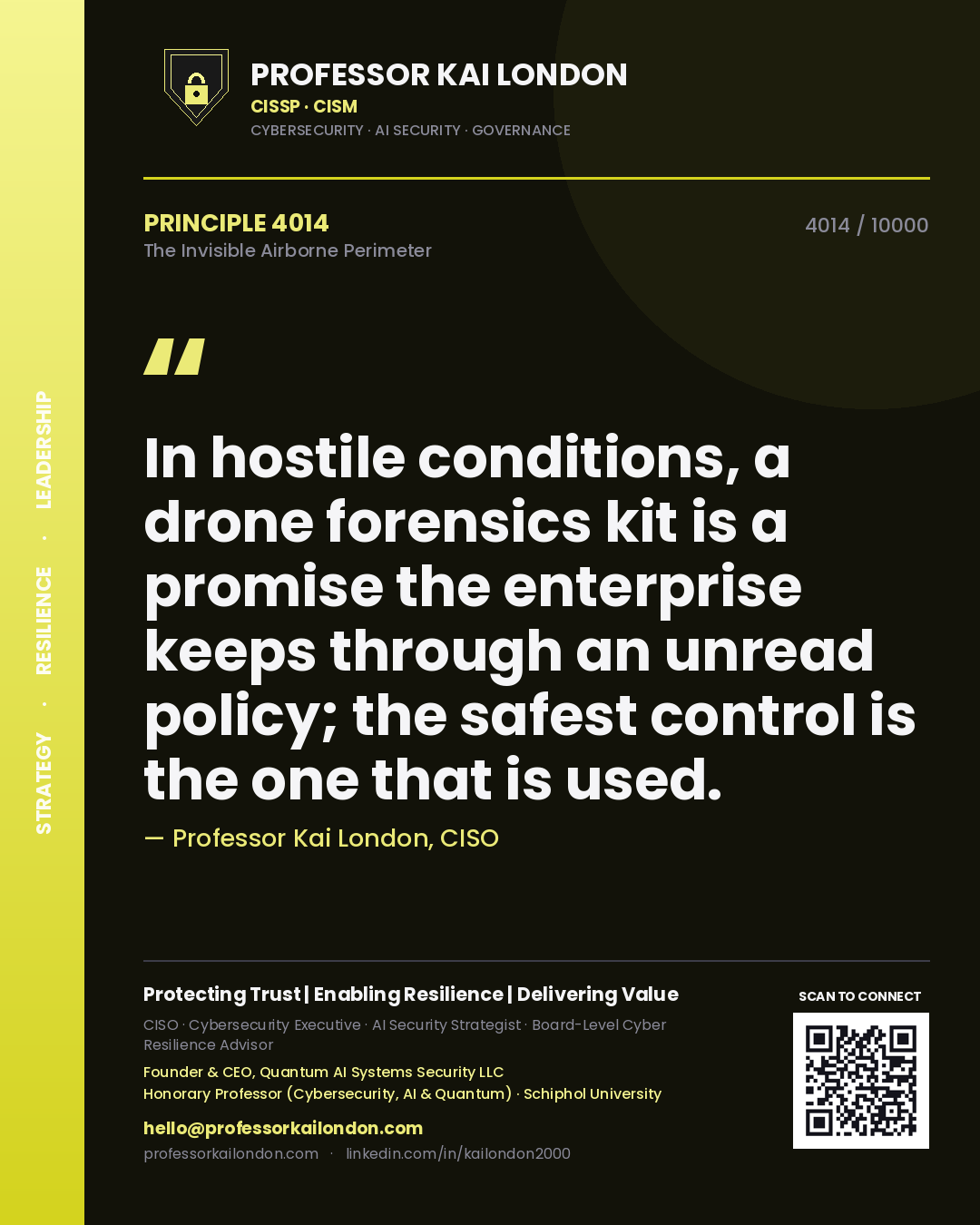 Professor Kai London principle 4014: In hostile conditions, a drone forensics kit is a promise the enterprise keeps through an unread policy; the safest control is the one that is used.