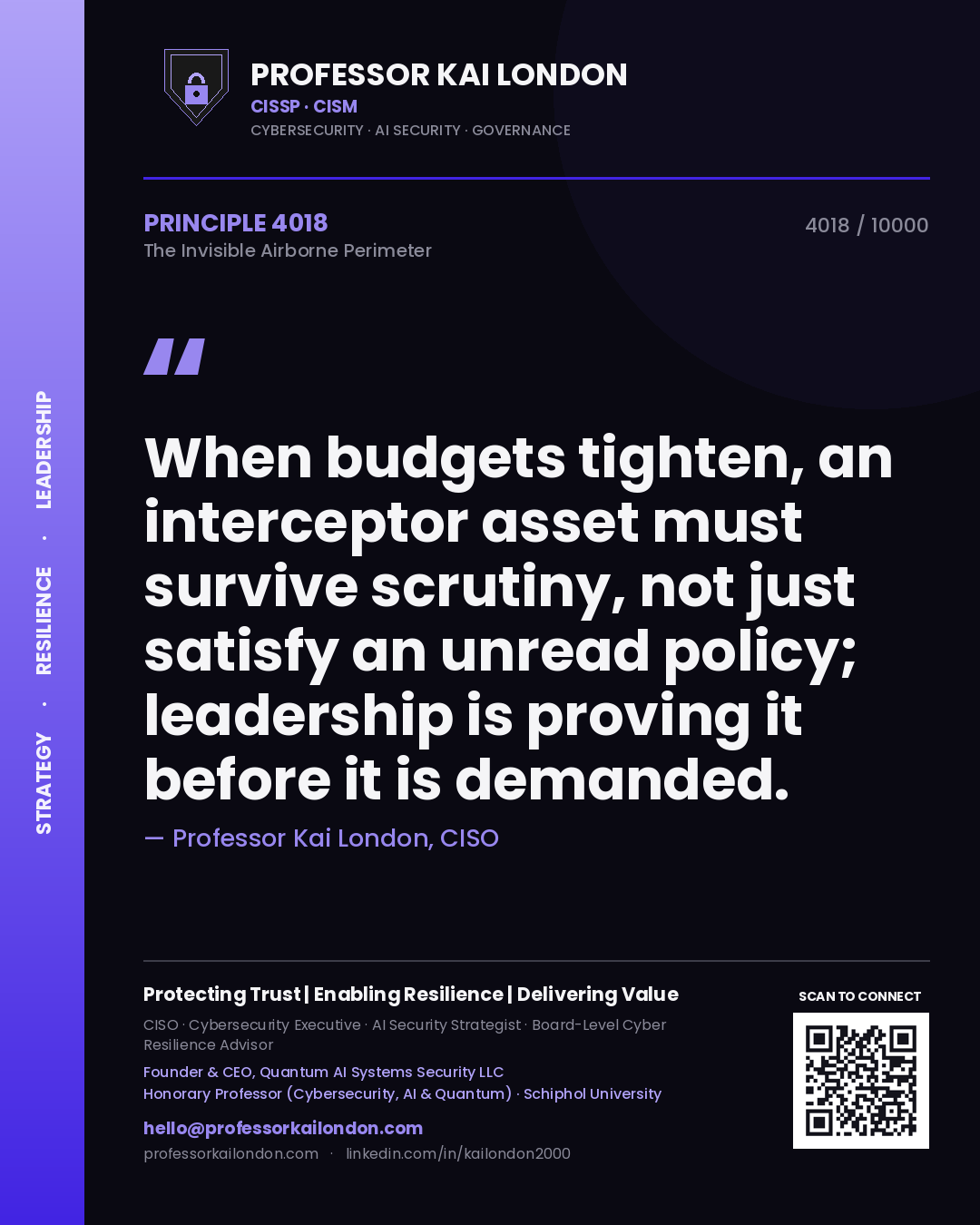 Quote card by Professor Kai London reading 'When budgets tighten, an interceptor asset must survive scrutiny, not just satisfy an unread policy; leadership is proving it before it is demanded.'. From the book The Invisible Airborne Perimeter.