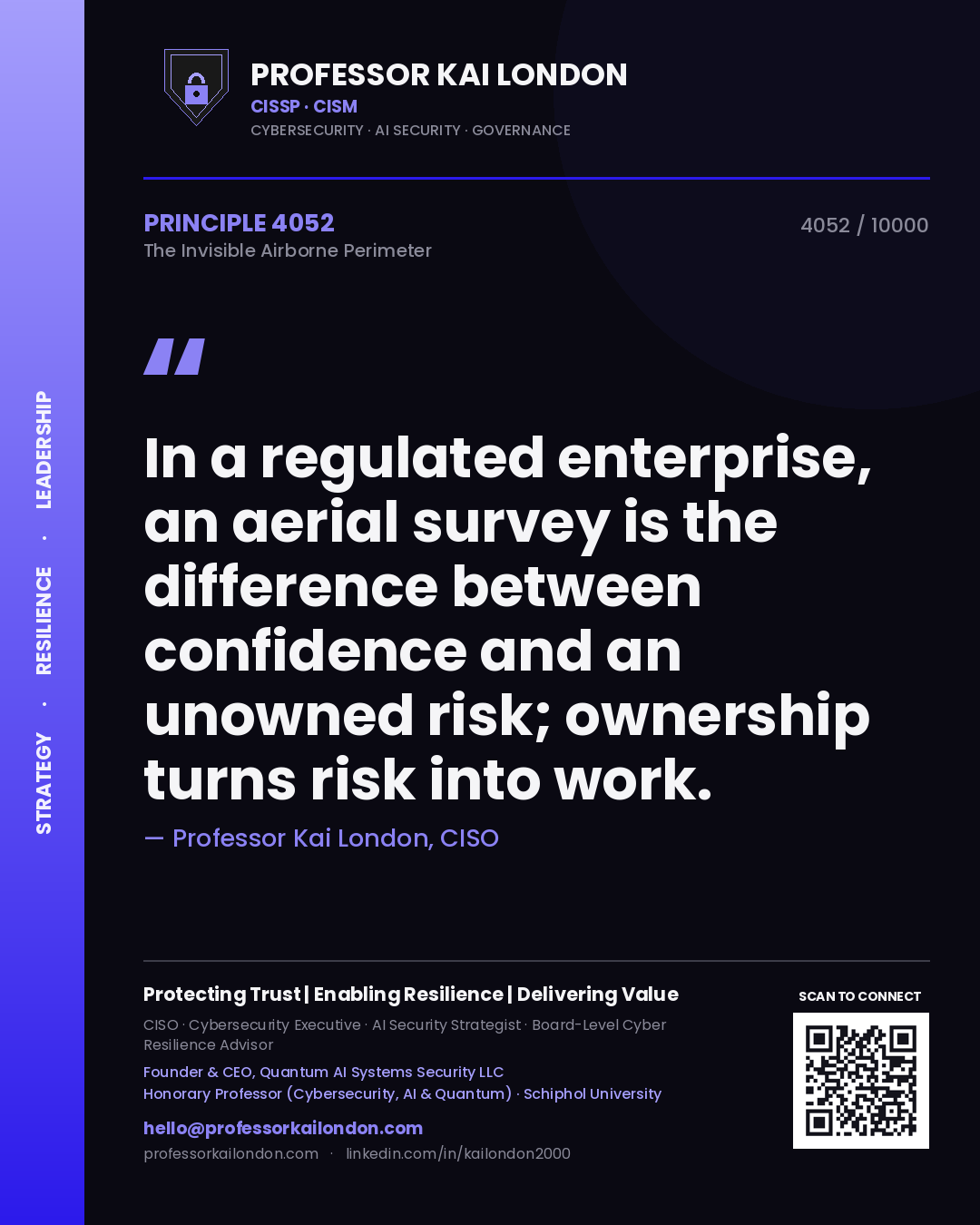 Quote card by Professor Kai London reading 'In a regulated enterprise, an aerial survey is the difference between confidence and an unowned risk; ownership turns risk into work.'. From the book The Invisible Airborne Perimeter.