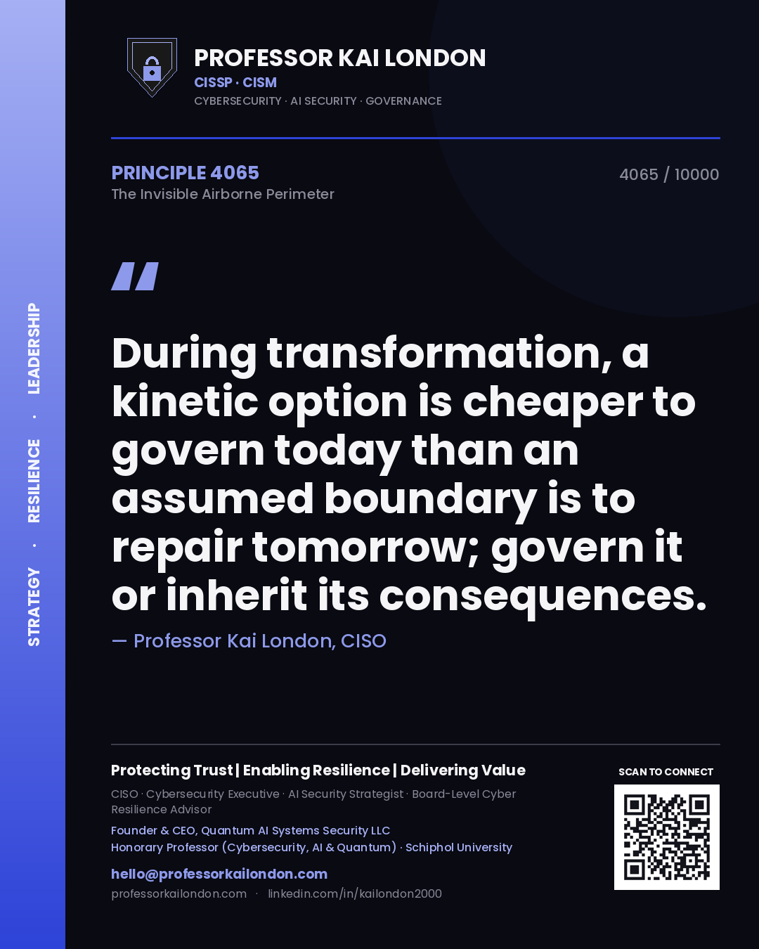 Quote card by Professor Kai London reading 'During transformation, a kinetic option is cheaper to govern today than an assumed boundary is to repair tomorrow; govern it or inherit its consequences.'. From the book The Invisible Airborne Perimeter.