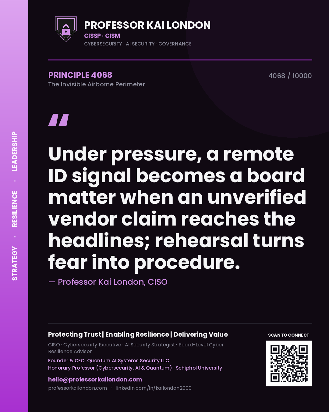 Quote card by Professor Kai London reading 'Under pressure, a remote ID signal becomes a board matter when an unverified vendor claim reaches the headlines; rehearsal turns fear into procedure.'. From the book The Invisible Airborne Perimeter.