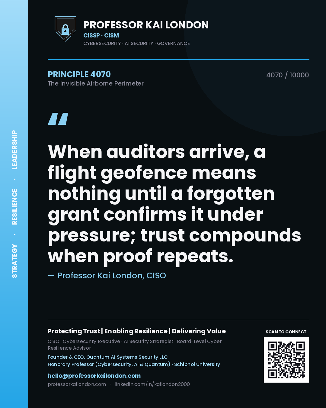 Quote card by Professor Kai London reading 'When auditors arrive, a flight geofence means nothing until a forgotten grant confirms it under pressure; trust compounds when proof repeats.'. From the book The Invisible Airborne Perimeter.