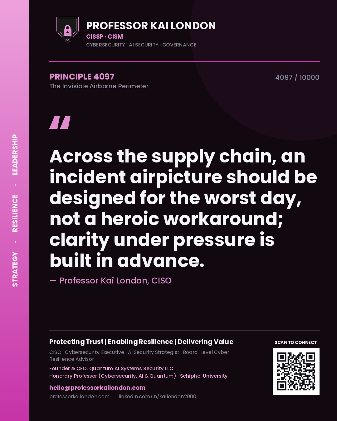 Professor Kai London principle 4097: Across the supply chain, an incident airpicture should be designed for the worst day, not a heroic workaround; clarity under pressure is built in advance.