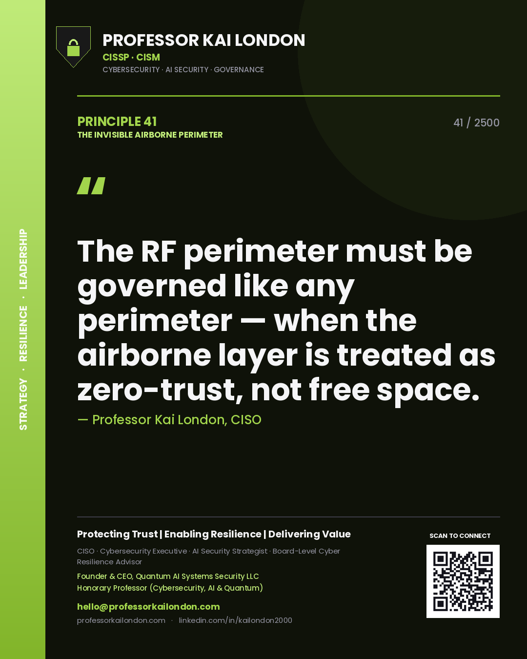Quote card by Professor Kai London reading 'The RF perimeter must be governed like any perimeter — when the airborne layer is treated as zero-trust, not free space.'. From the book The Invisible Airborne Perimeter.