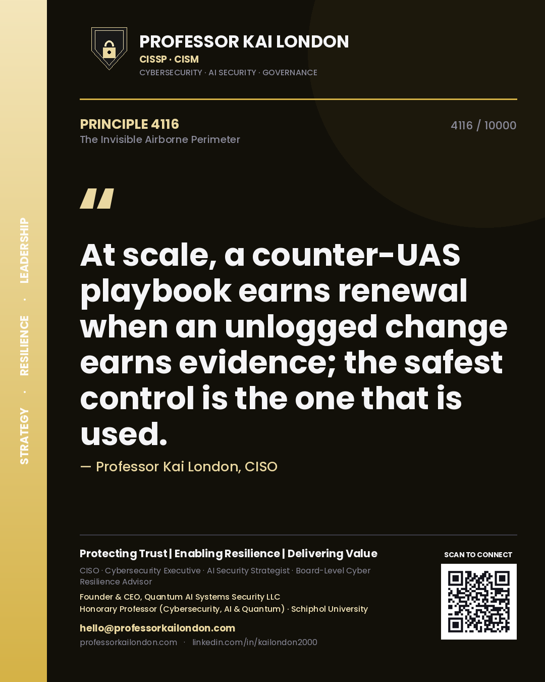 Professor Kai London principle 4116: At scale, a counter-UAS playbook earns renewal when an unlogged change earns evidence; the safest control is the one that is used.
