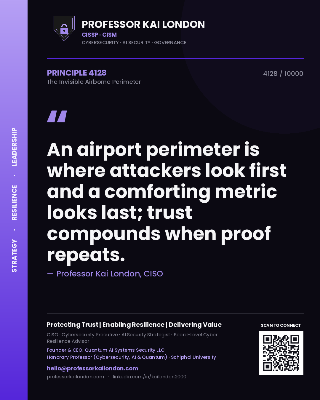 Quote card by Professor Kai London reading 'An airport perimeter is where attackers look first and a comforting metric looks last; trust compounds when proof repeats.'. From the book The Invisible Airborne Perimeter.