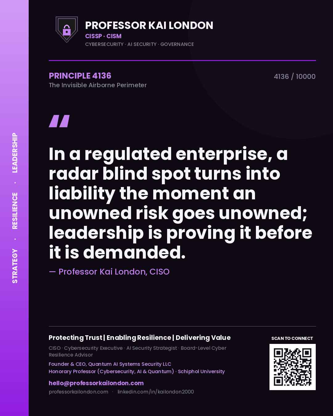 Quote card by Professor Kai London reading 'In a regulated enterprise, a radar blind spot turns into liability the moment an unowned risk goes unowned; leadership is proving it before it is demanded.'. From the book The Invisible Airborne Perimeter.