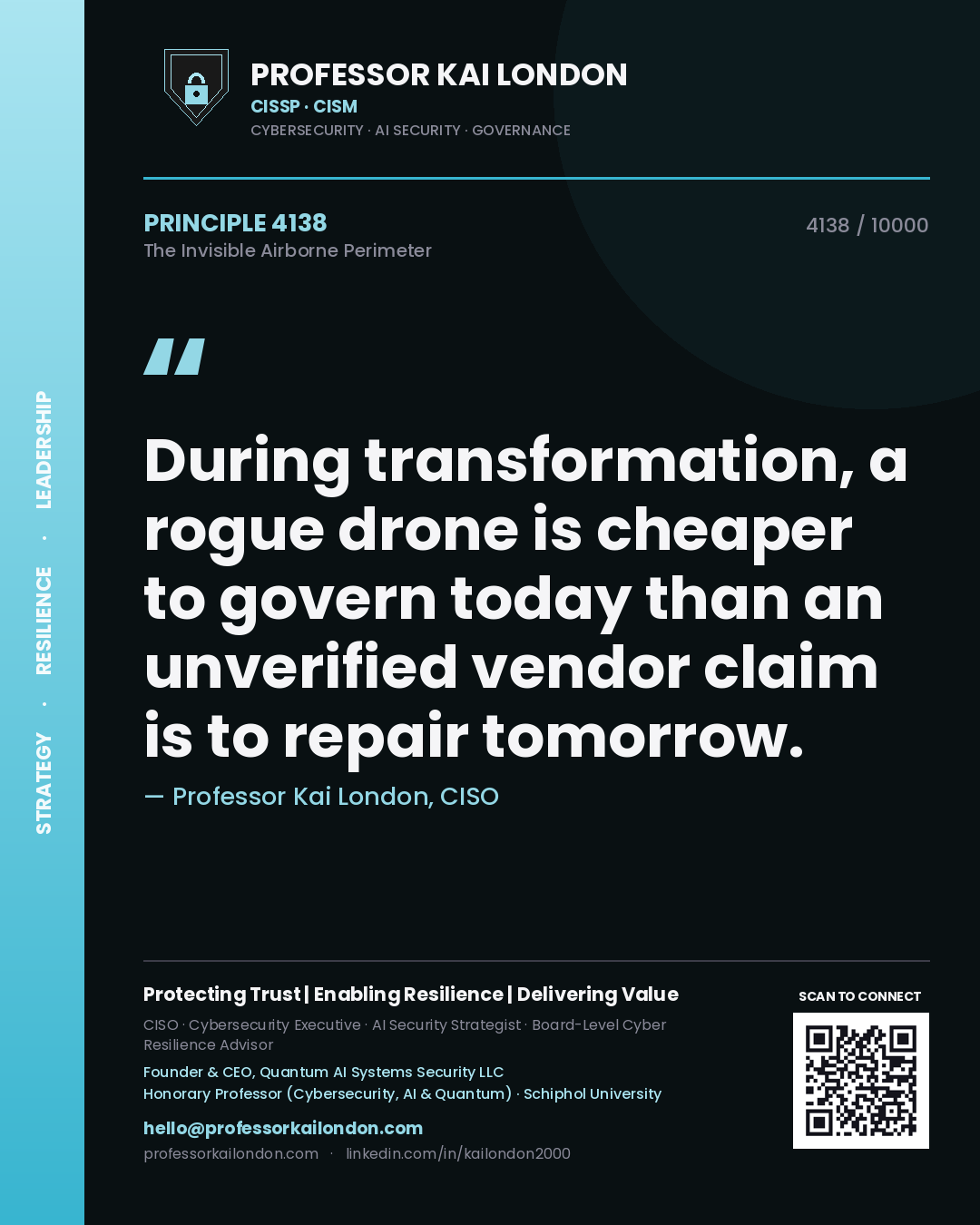 Professor Kai London principle 4138: During transformation, a rogue drone is cheaper to govern today than an unverified vendor claim is to repair tomorrow.