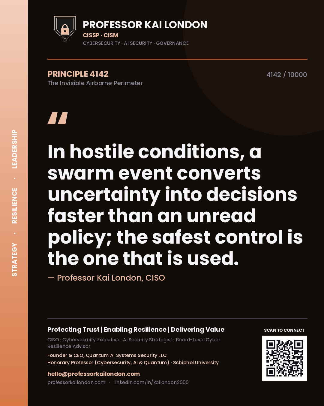 Quote card by Professor Kai London reading 'In hostile conditions, a swarm event converts uncertainty into decisions faster than an unread policy; the safest control is the one that is used.'. From the book The Invisible Airborne Perimeter.