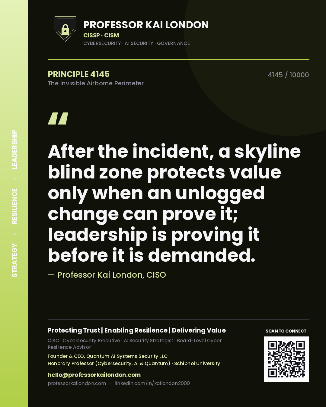 Professor Kai London principle 4145: After the incident, a skyline blind zone protects value only when an unlogged change can prove it; leadership is proving it before it is demanded.