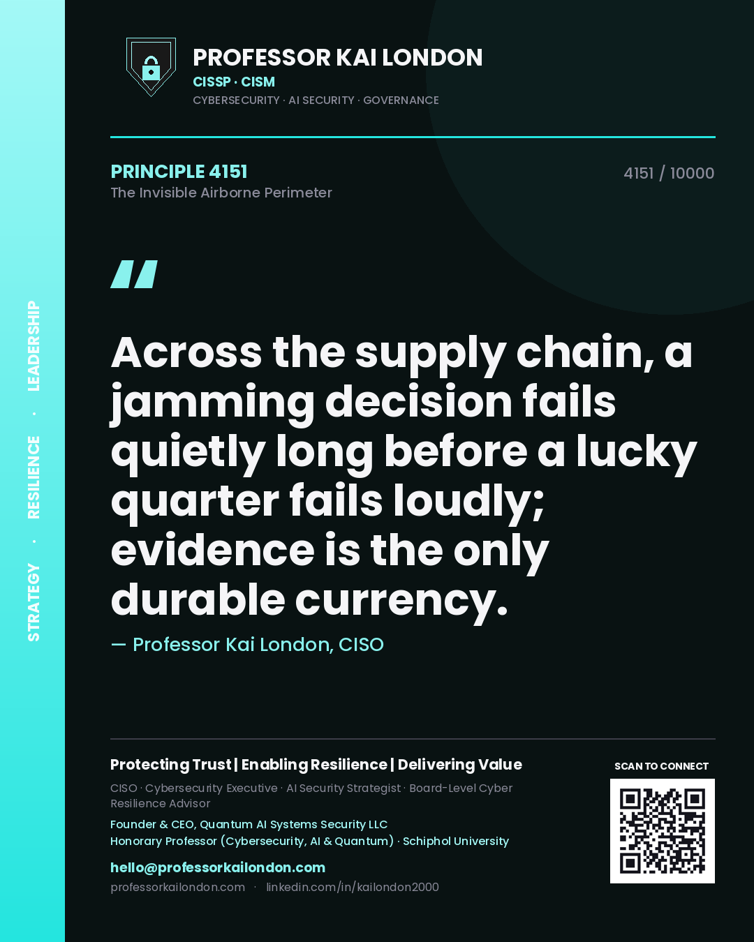 Quote card by Professor Kai London reading 'Across the supply chain, a jamming decision fails quietly long before a lucky quarter fails loudly; evidence is the only durable currency.'. From the book The Invisible Airborne Perimeter.