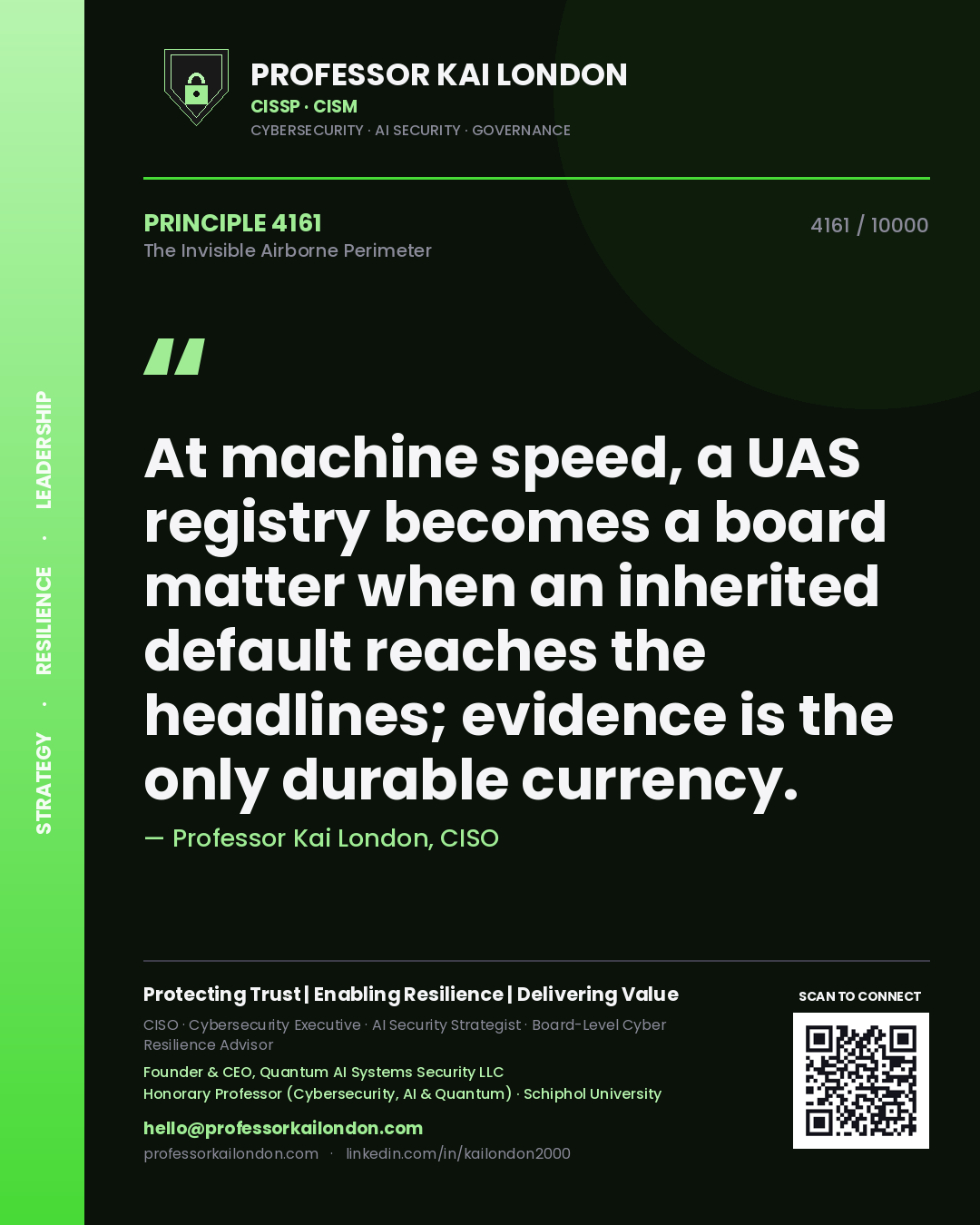 Quote card by Professor Kai London reading 'At machine speed, a UAS registry becomes a board matter when an inherited default reaches the headlines; evidence is the only durable currency.'. From the book The Invisible Airborne Perimeter.