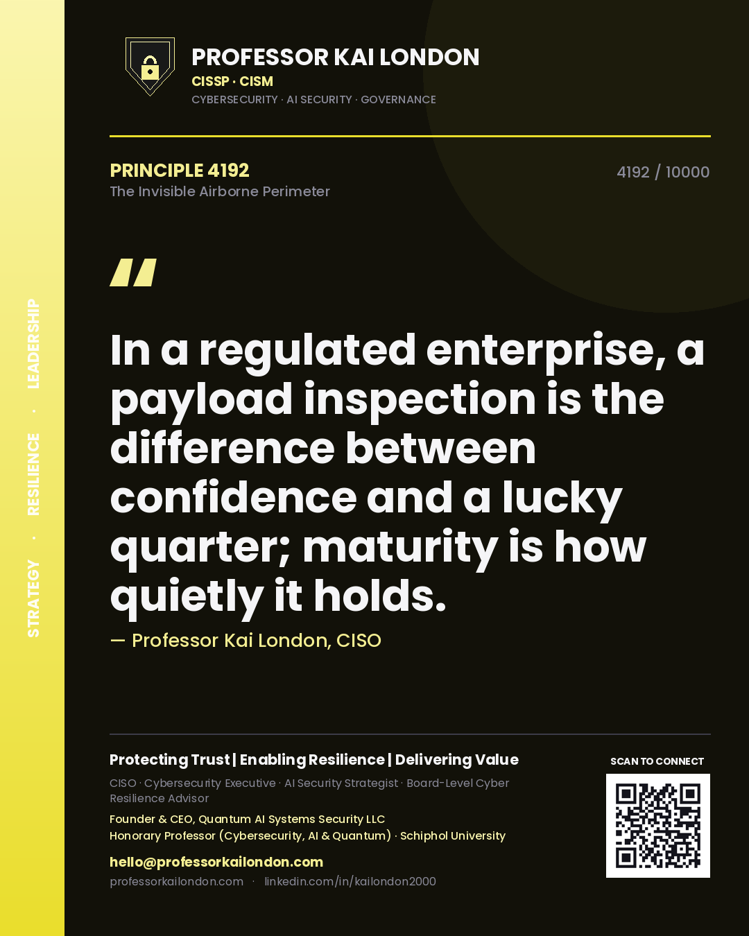 Quote card by Professor Kai London reading 'In a regulated enterprise, a payload inspection is the difference between confidence and a lucky quarter; maturity is how quietly it holds.'. From the book The Invisible Airborne Perimeter.