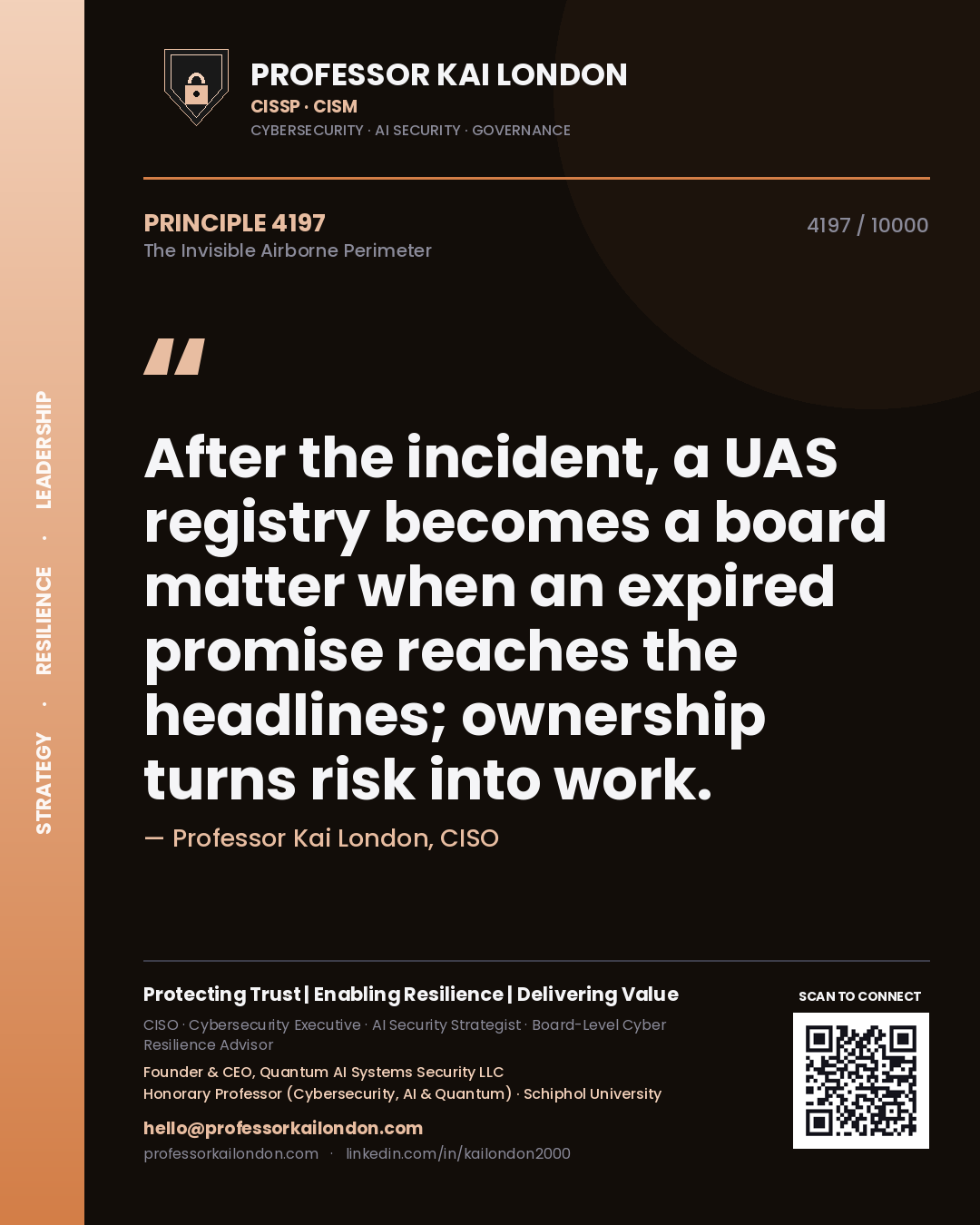 Quote card by Professor Kai London reading 'After the incident, a UAS registry becomes a board matter when an expired promise reaches the headlines; ownership turns risk into work.'. From the book The Invisible Airborne Perimeter.