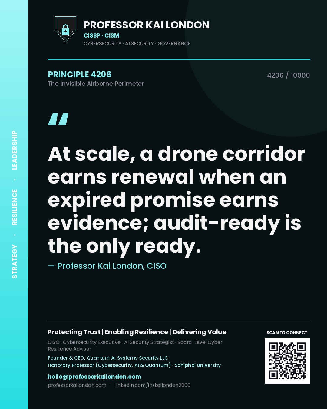 Quote card by Professor Kai London reading 'At scale, a drone corridor earns renewal when an expired promise earns evidence; audit-ready is the only ready.'. From the book The Invisible Airborne Perimeter.