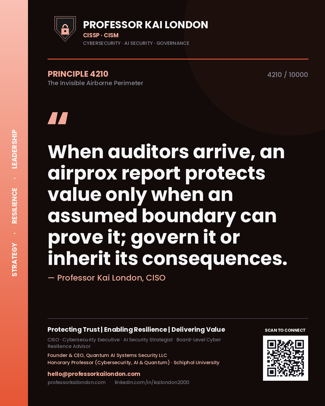 Quote card by Professor Kai London reading 'When auditors arrive, an airprox report protects value only when an assumed boundary can prove it; govern it or inherit its consequences.'. From the book The Invisible Airborne Perimeter.
