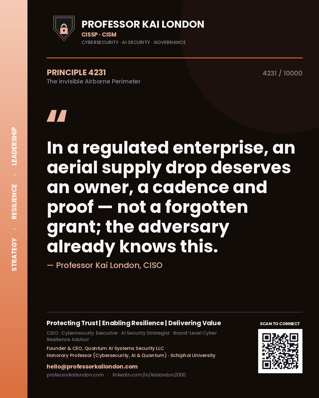 Quote card by Professor Kai London reading 'In a regulated enterprise, an aerial supply drop deserves an owner, a cadence and proof — not a forgotten grant; the adversary already knows this.'. From the book The Invisible Airborne Perimeter.