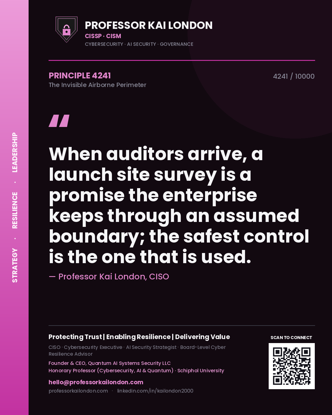 Professor Kai London principle 4241: When auditors arrive, a launch site survey is a promise the enterprise keeps through an assumed boundary; the safest control is the one that is used.
