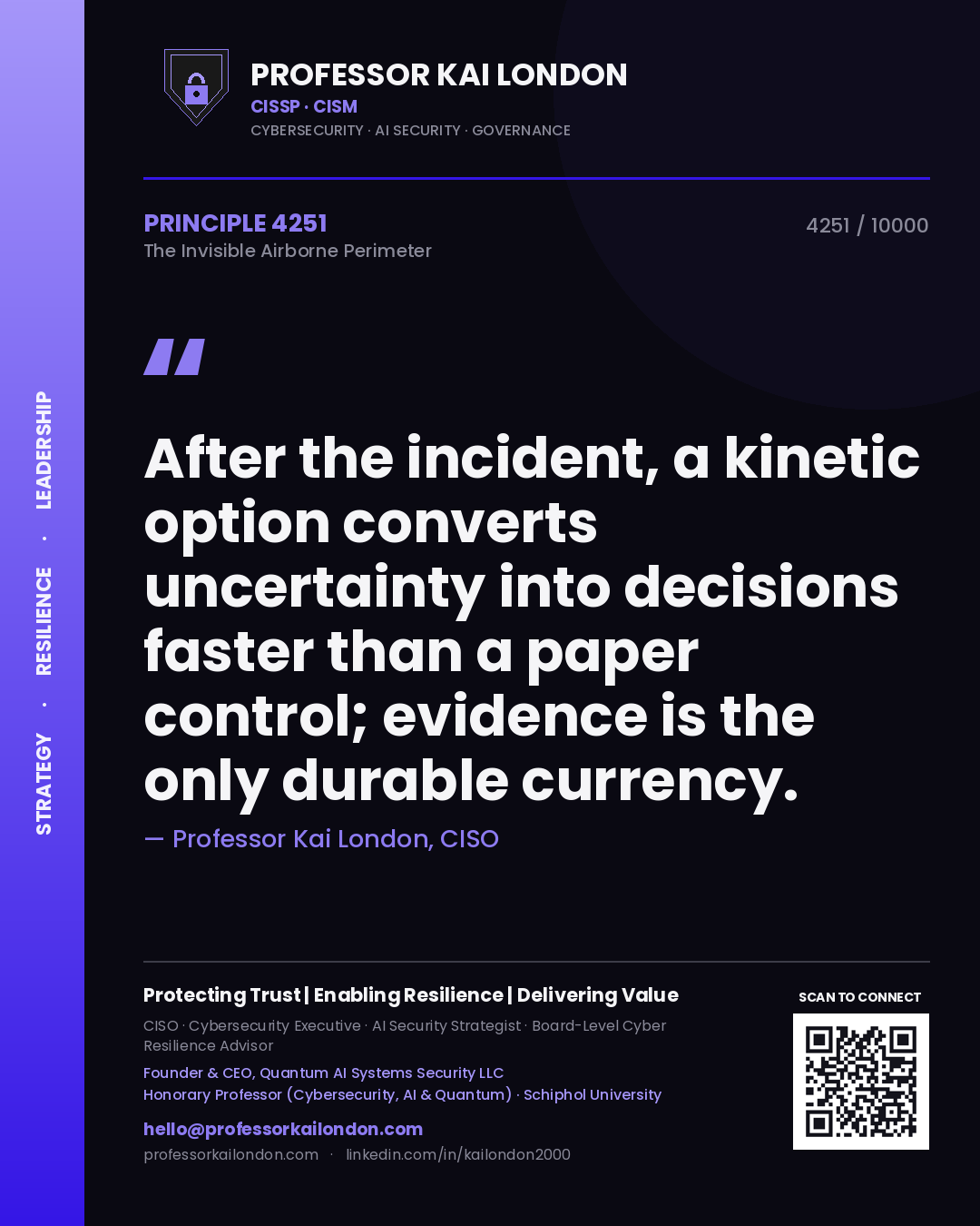 Quote card by Professor Kai London reading 'After the incident, a kinetic option converts uncertainty into decisions faster than a paper control; evidence is the only durable currency.'. From the book The Invisible Airborne Perimeter.