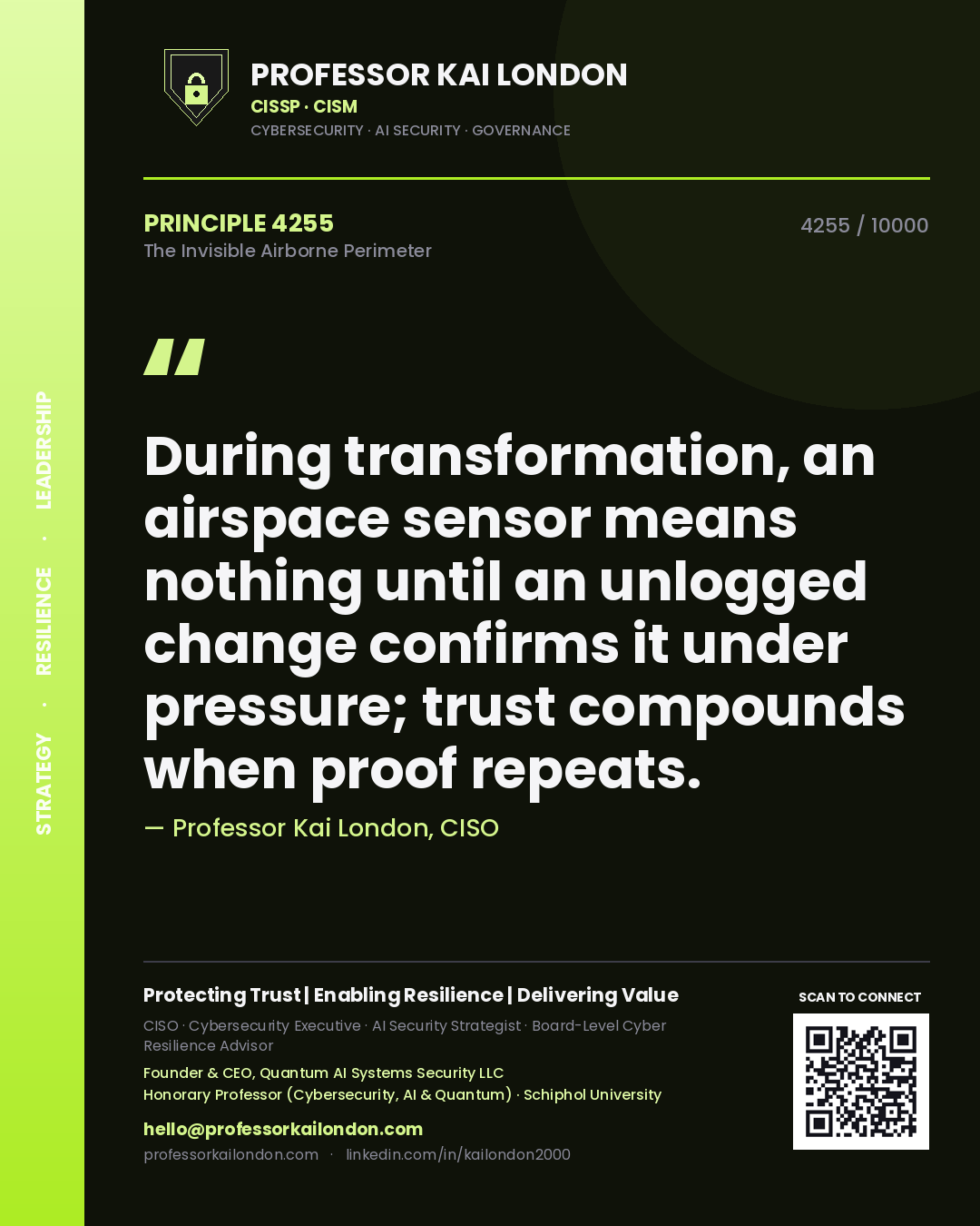 Quote card by Professor Kai London reading 'During transformation, an airspace sensor means nothing until an unlogged change confirms it under pressure; trust compounds when proof repeats.'. From the book The Invisible Airborne Perimeter.
