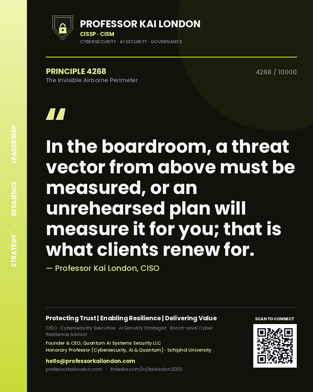 Quote card by Professor Kai London reading 'In the boardroom, a threat vector from above must be measured, or an unrehearsed plan will measure it for you; that is what clients renew for.'. From the book The Invisible Airborne Perimeter.