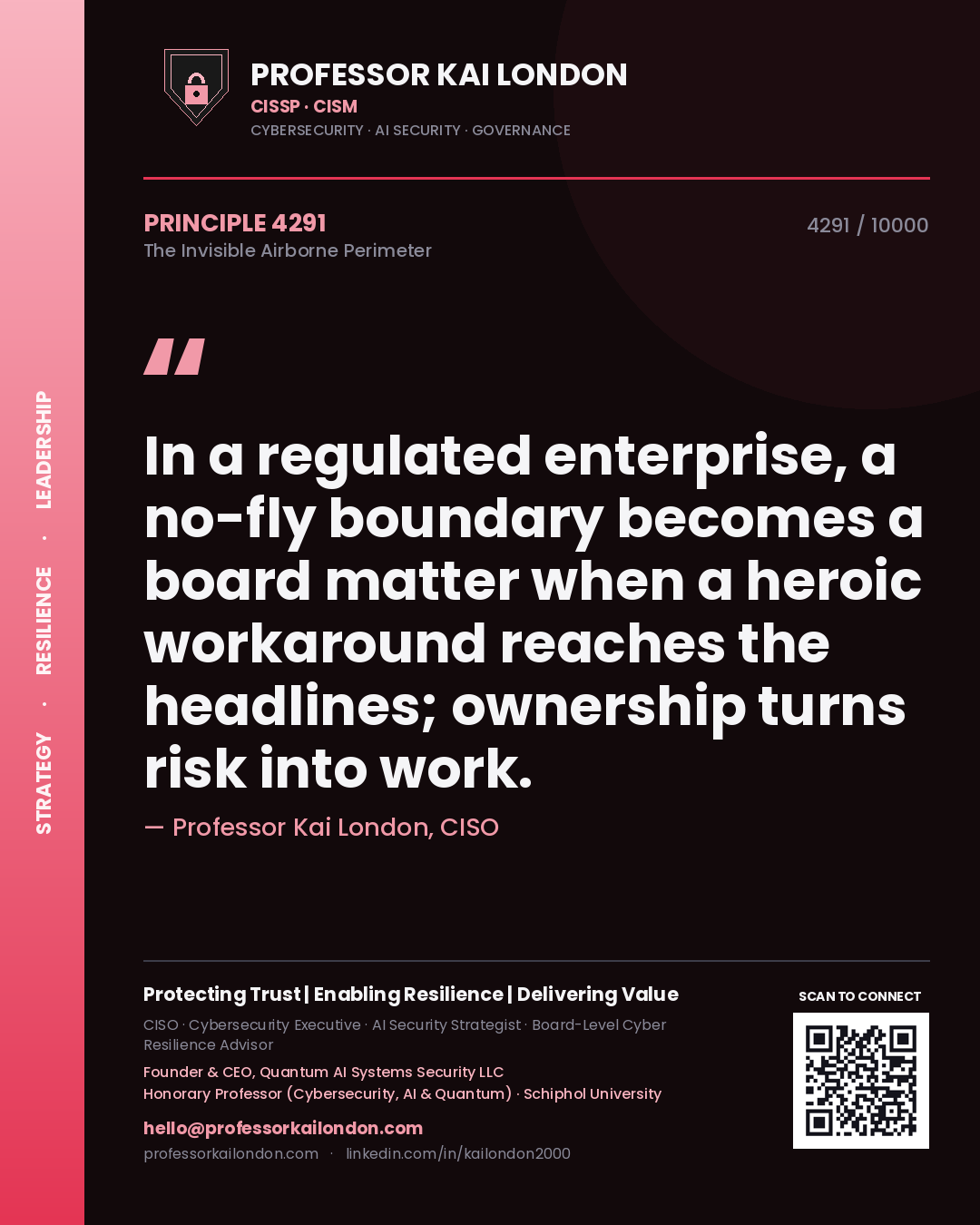 Quote card by Professor Kai London reading 'In a regulated enterprise, a no-fly boundary becomes a board matter when a heroic workaround reaches the headlines; ownership turns risk into work.'. From the book The Invisible Airborne Perimeter.