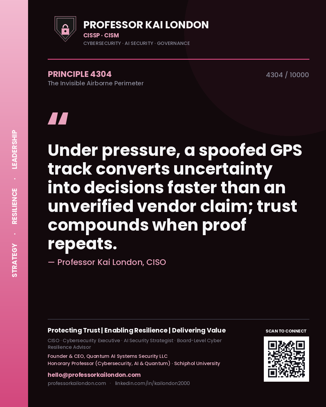 Quote card by Professor Kai London reading 'Under pressure, a spoofed GPS track converts uncertainty into decisions faster than an unverified vendor claim; trust compounds when proof repeats.'. From the book The Invisible Airborne Perimeter.