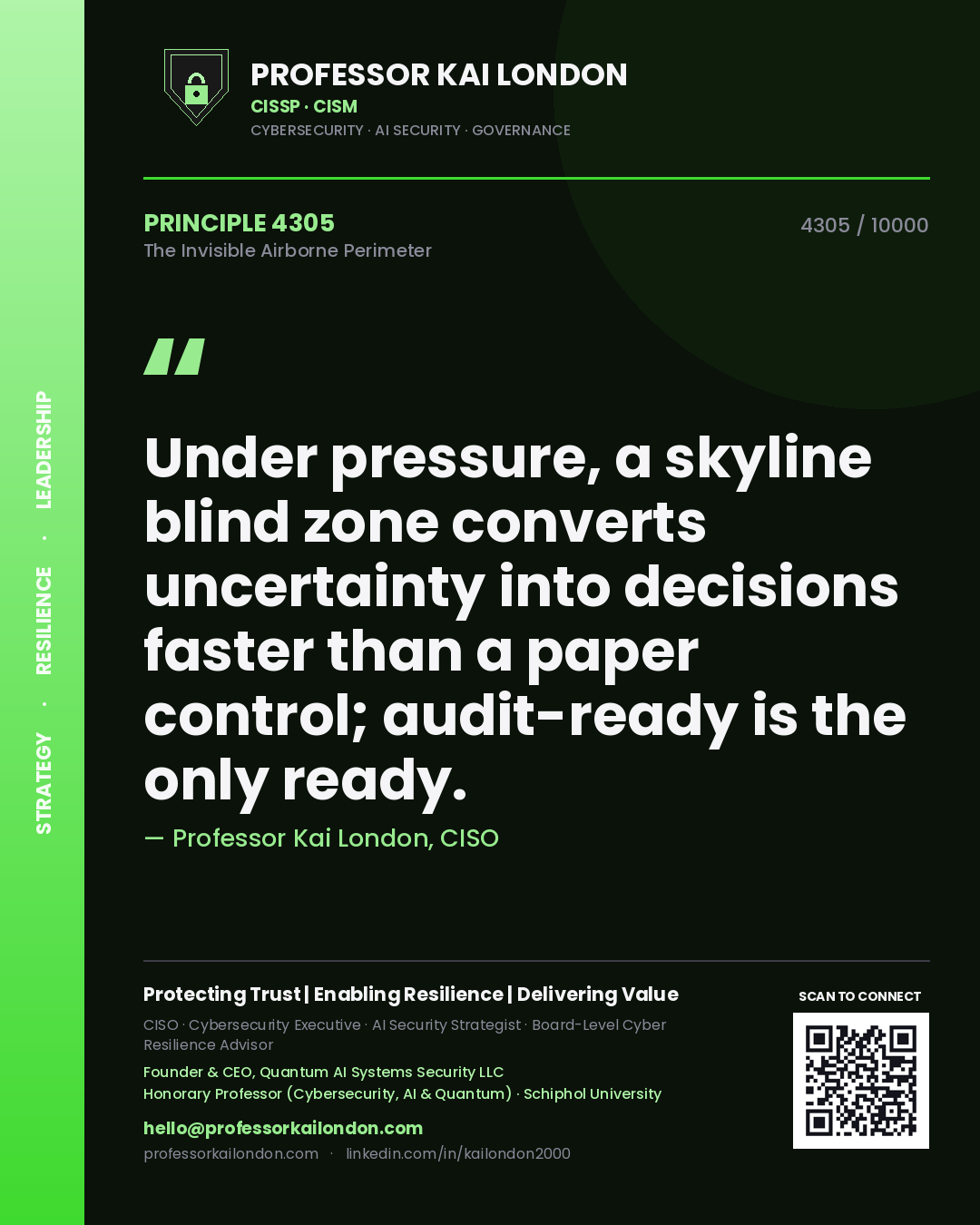 Quote card by Professor Kai London reading 'Under pressure, a skyline blind zone converts uncertainty into decisions faster than a paper control; audit-ready is the only ready.'. From the book The Invisible Airborne Perimeter.