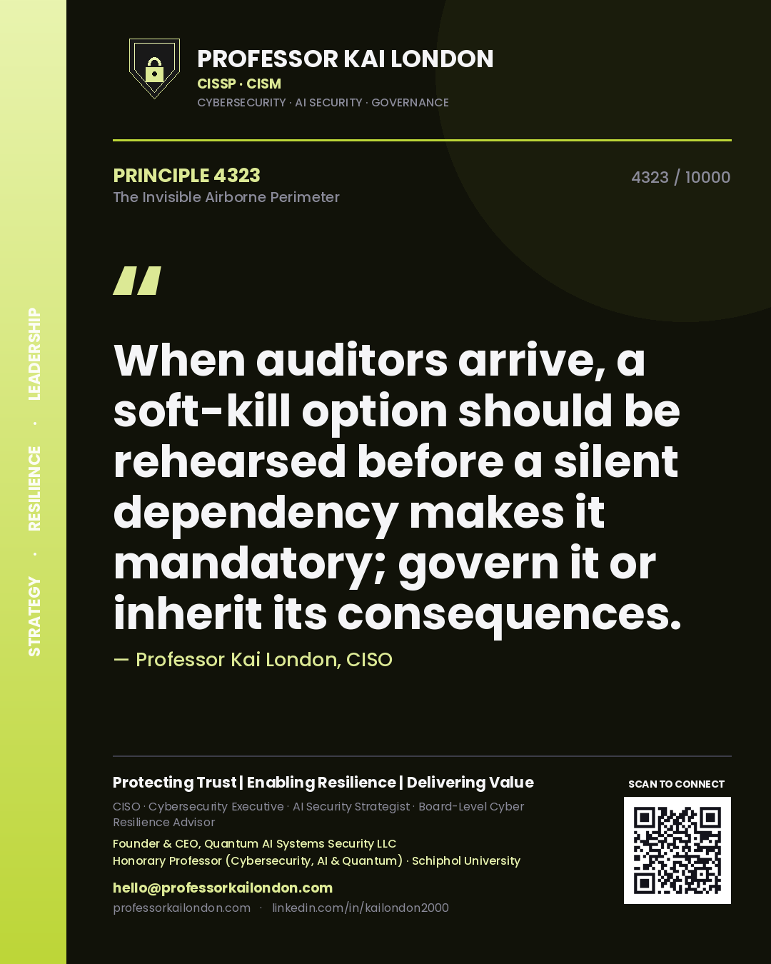 Quote card by Professor Kai London reading 'When auditors arrive, a soft-kill option should be rehearsed before a silent dependency makes it mandatory; govern it or inherit its consequences.'. From the book The Invisible Airborne Perimeter.
