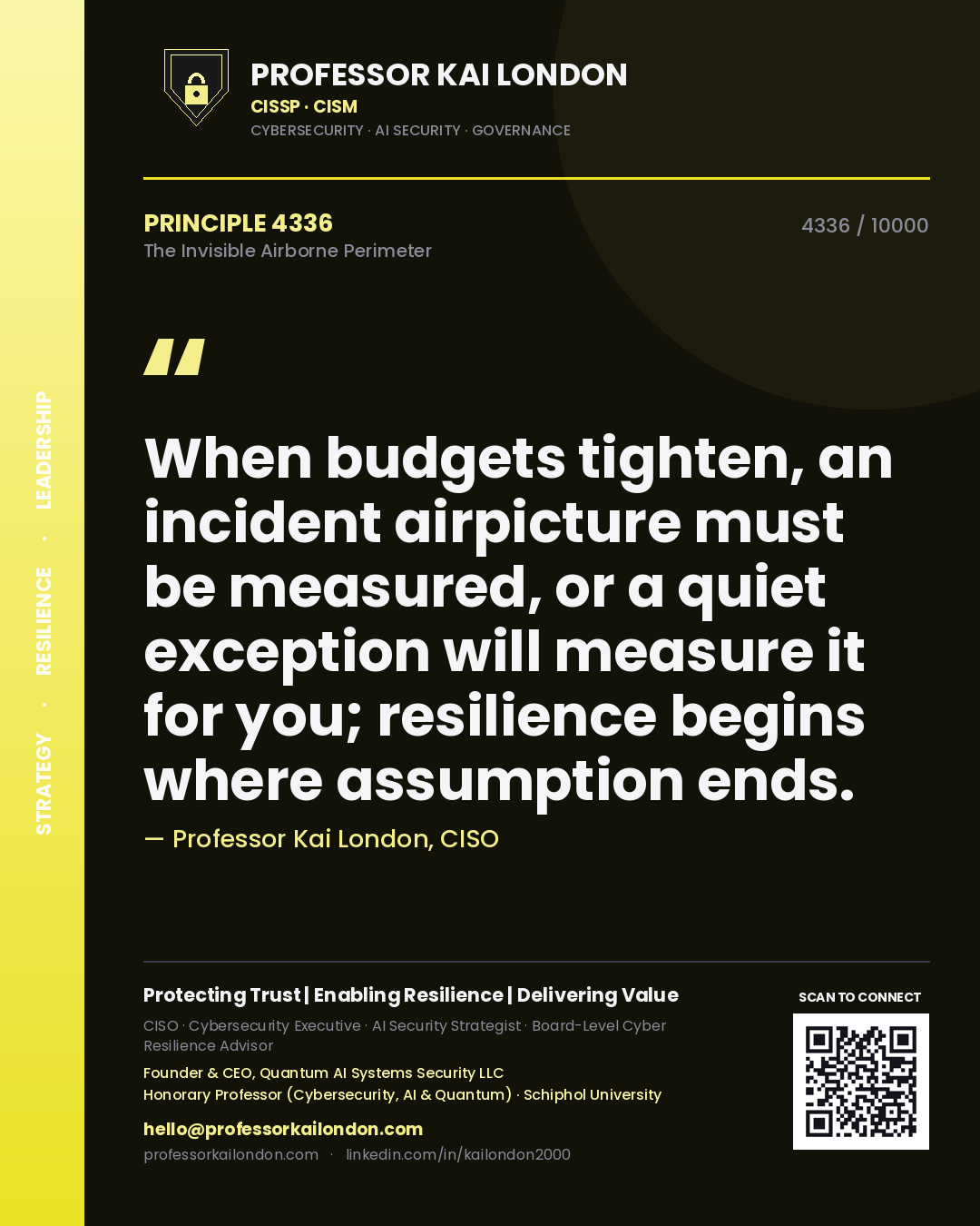 Quote card by Professor Kai London reading 'When budgets tighten, an incident airpicture must be measured, or a quiet exception will measure it for you; resilience begins where assumption ends.'. From the book The Invisible Airborne Perimeter.