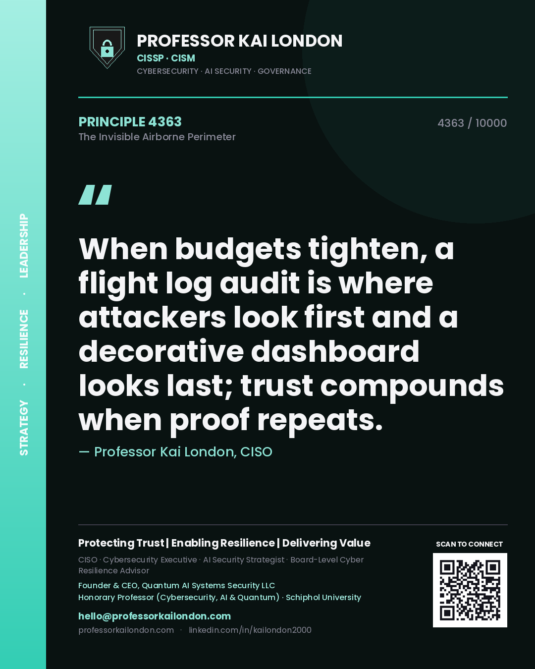 Quote card by Professor Kai London reading 'When budgets tighten, a flight log audit is where attackers look first and a decorative dashboard looks last; trust compounds when proof repeats.'. From the book The Invisible Airborne Perimeter.