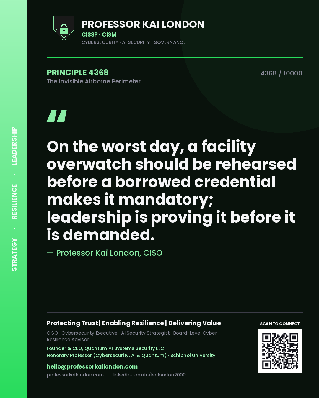 Professor Kai London principle 4368: On the worst day, a facility overwatch should be rehearsed before a borrowed credential makes it mandatory; leadership is proving it before it is demanded.