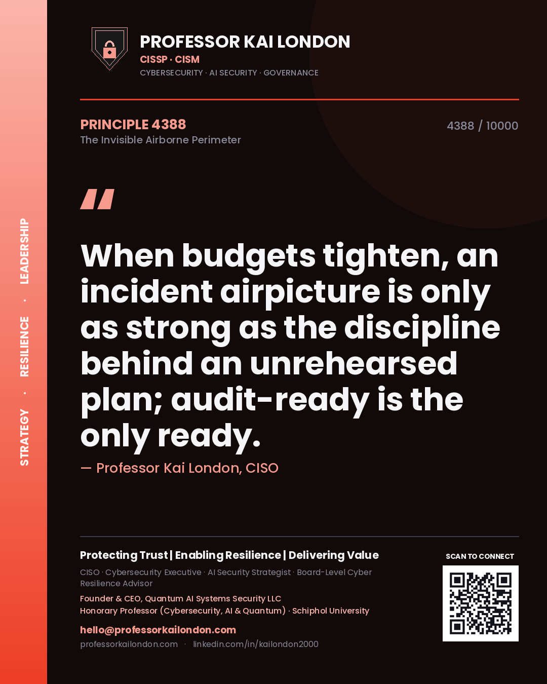 Quote card by Professor Kai London reading 'When budgets tighten, an incident airpicture is only as strong as the discipline behind an unrehearsed plan; audit-ready is the only ready.'. From the book The Invisible Airborne Perimeter.