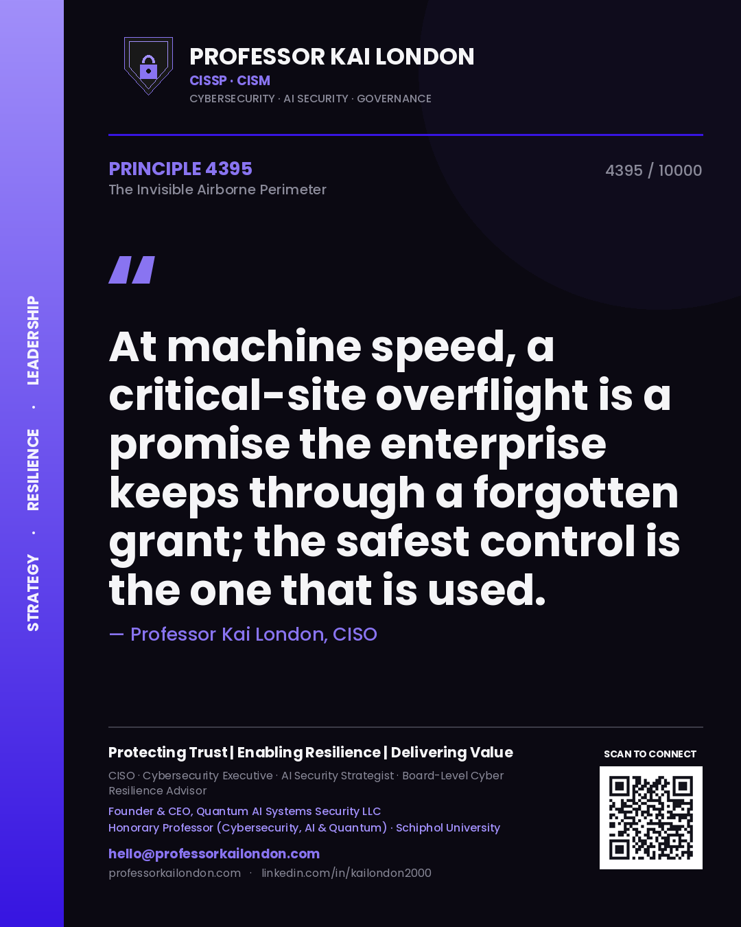 Quote card by Professor Kai London reading 'At machine speed, a critical-site overflight is a promise the enterprise keeps through a forgotten grant; the safest control is the one that is used.'. From the book The Invisible Airborne Perimeter.